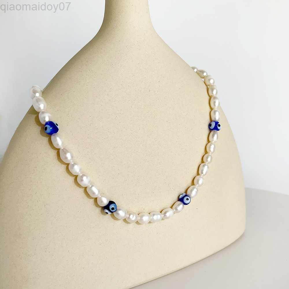

Peri'sbox White Freshwater Pearl Necklace For Women Colored Glaze Evil Eyes Bead Pearl Necklace Personality Summer Party Jewelry L220812