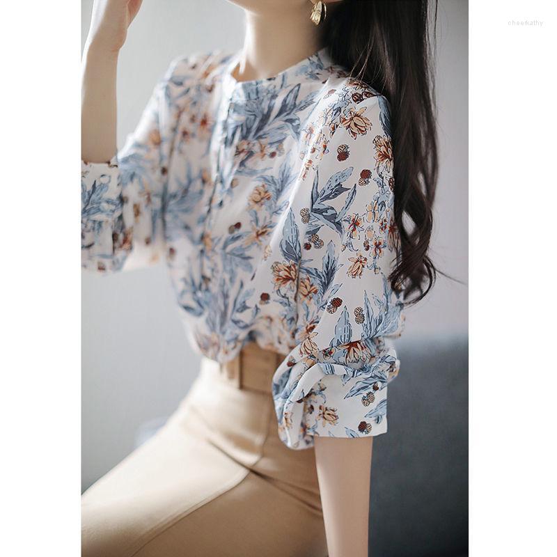 

Women' Blouses & Shirts Fashion Stand Collar Printed Shirt Women' Long-sleeved Spring And Autumn Temperament Floral Top Women CasualWo, White
