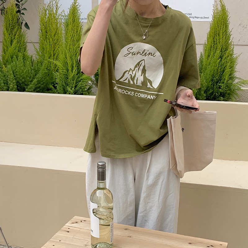 

Women's T-Shirt Harajuku Women Loose Split Apricot Green Orange Woman T-shirts O-neck Simple Print Female Cotton -XLWomen's Women'sWomen's