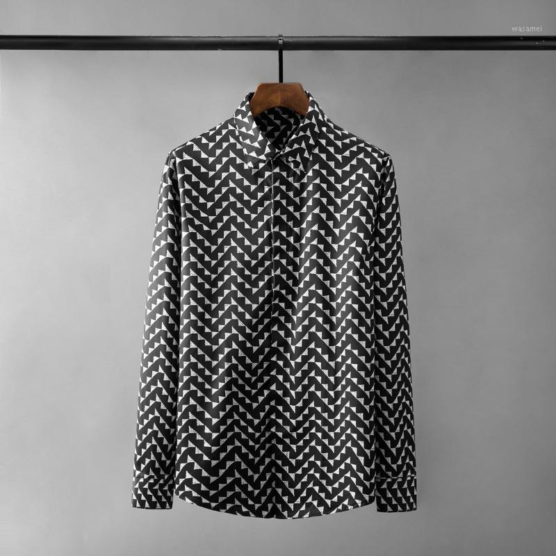

Minglu Long Sleeve Mens Shirts High Quality Cotton Triangle Twill Printed Casual Dress Slim Fit Party Male Shirt 3xl Men's, Black