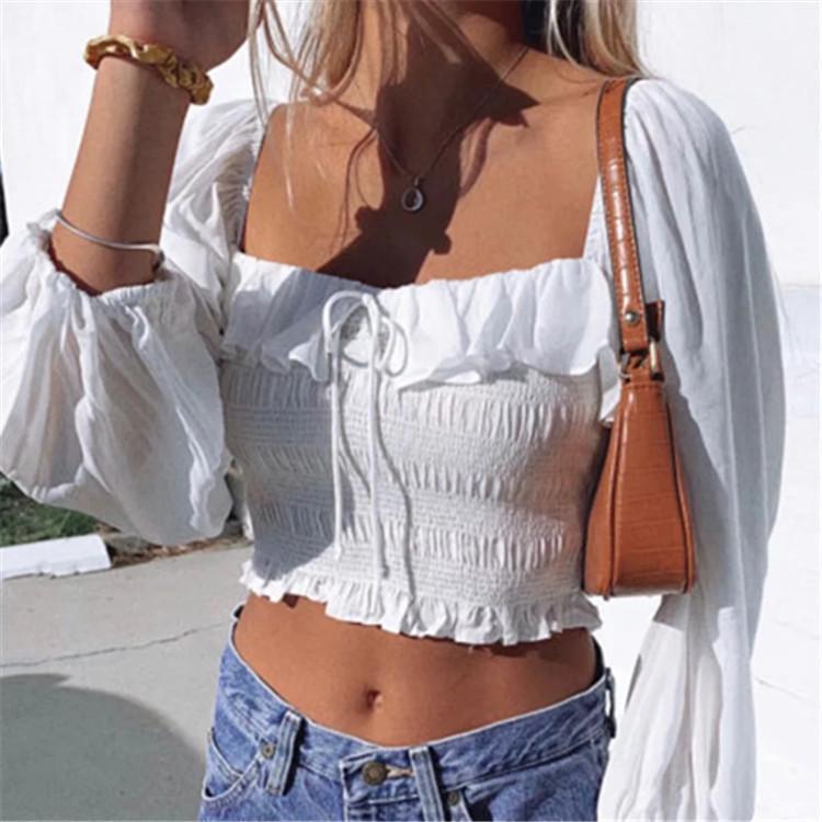

Women Sexy Off Shoulder Chiffon Blouse Elastic Bandage Short Tops White Shirt 2022 Koszula Women' Blouses & Shirts, Black