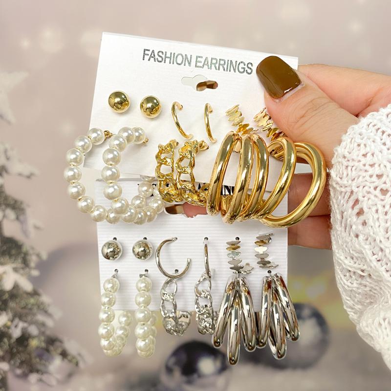 

Dangle & Chandelier Vintage Geometric Gold Silver Color Hoop Earrings Set For Women Punk Pearl Drop Of JewelryDangle