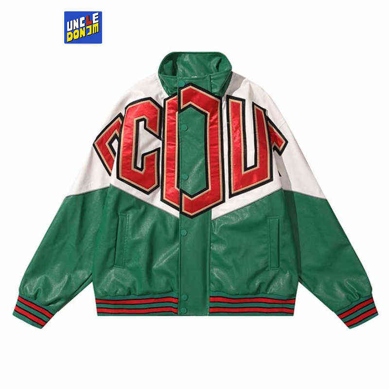 UNCLEDONJM Spring and autumn new color block PU leather stand collar leather jacket men high street leather coat men T220728