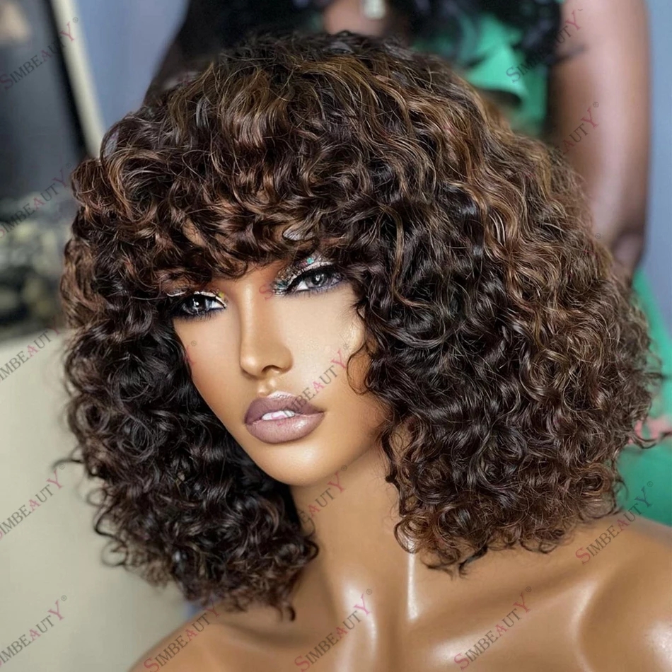 

Medium Auburn Curly Highlight Human Hair Glueless Machine Made Wigs for Black Women O Silk Top 180 Density Bob Wig with Bang, As picture color