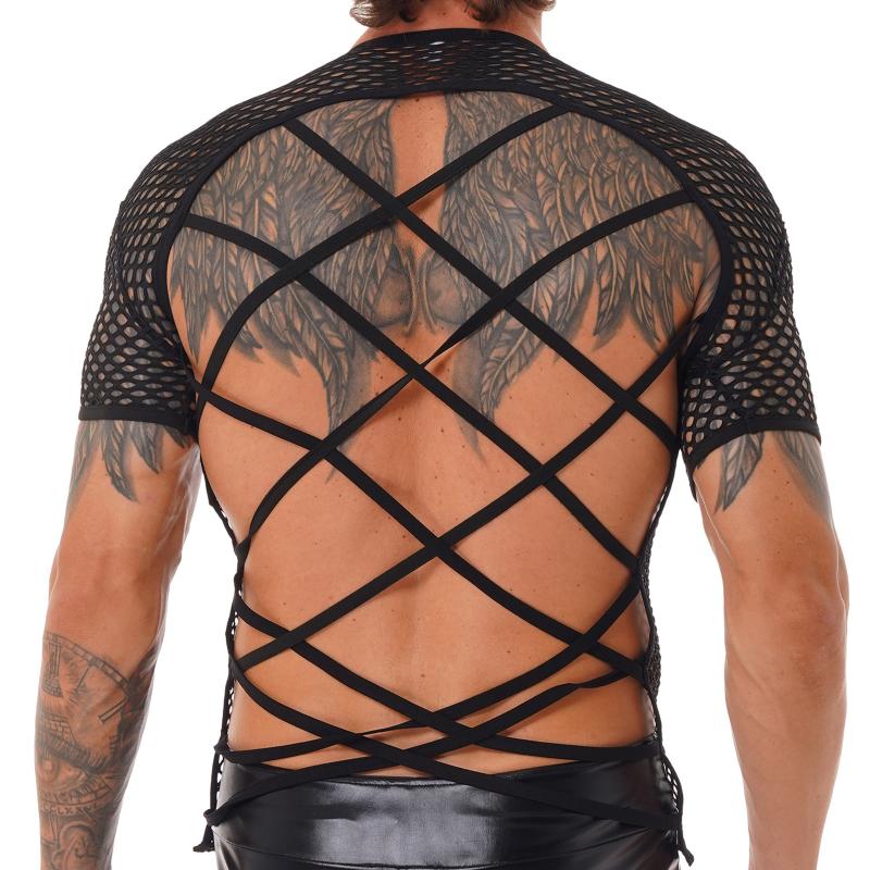 

Bras Sets Exotic Costume Man Sexy T-shirt Top Stage Performace Outfit Mens Party Dance Clubwear Hollow Out See Through Fishnet Vest TopsBras, Black