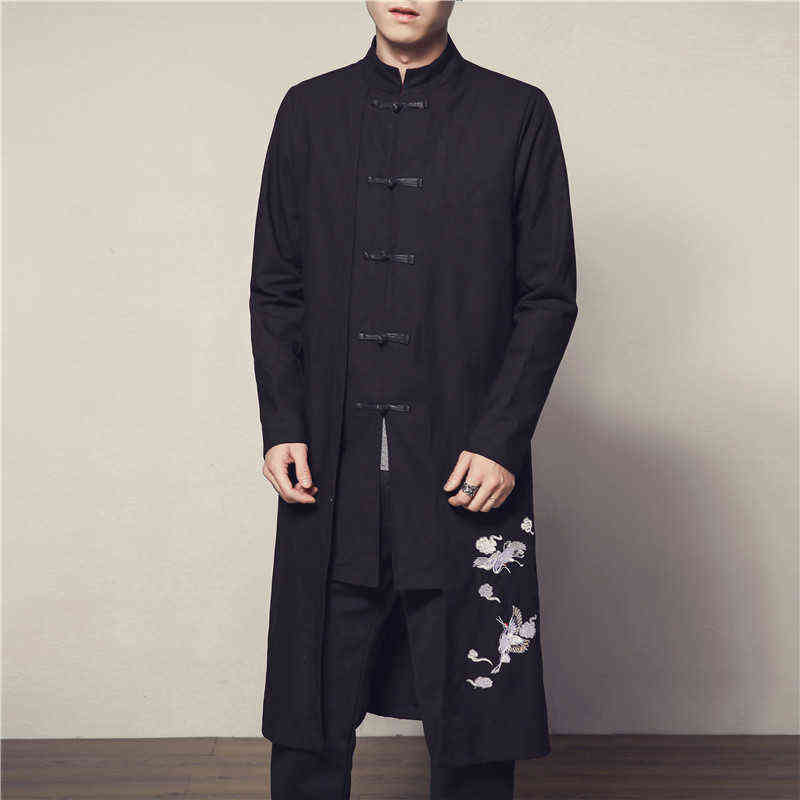 

Men Long Jackets 2022 Spring Mens Printed Linen Trench Coat Male Chinese Style Fake 2 Pieces Cardigan Kimono Windbreaker -5XL L220706, Black