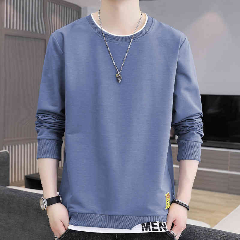 

2022 Trend-style Round Neck Hoodie Thin Style No Fleece Long Sleeve Loose False Two Young Men's Hoodies Spring and Autumn New, Blue