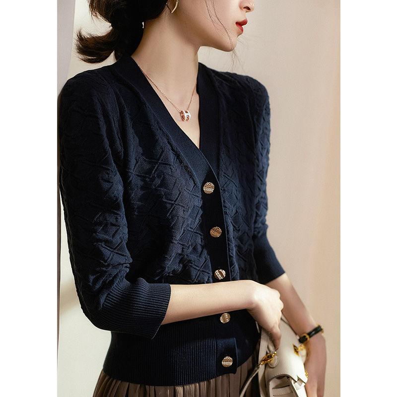 

Women's Knits & Tees Black V-neck Knitted Cardigan Fashion Women 2022 Medium Sleeve Sweater Foreign Style Spring And Autumn StyleWomen's, Navy blue