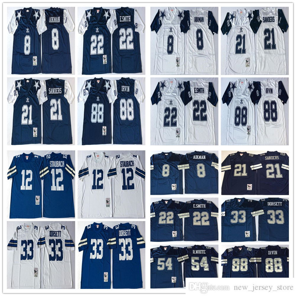 

NCAA Vintage Mitchell and Ness Football Troy Aikman Jerseys Retro Stitch 21 Deion Sanders 22 Emmitt Smith Tony Dorsett Randy Michael Irvin Jersey White Blue, Same as picture