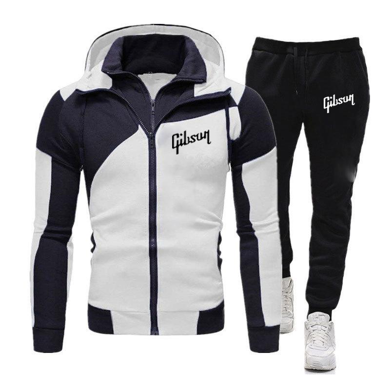 

Men' Tracksuits Gibson Printing Men' Set Casual Pant Sweatshirt Tracksuit Autumn Winter Double-Zippers Hoodies SweatpantsMen, Beige