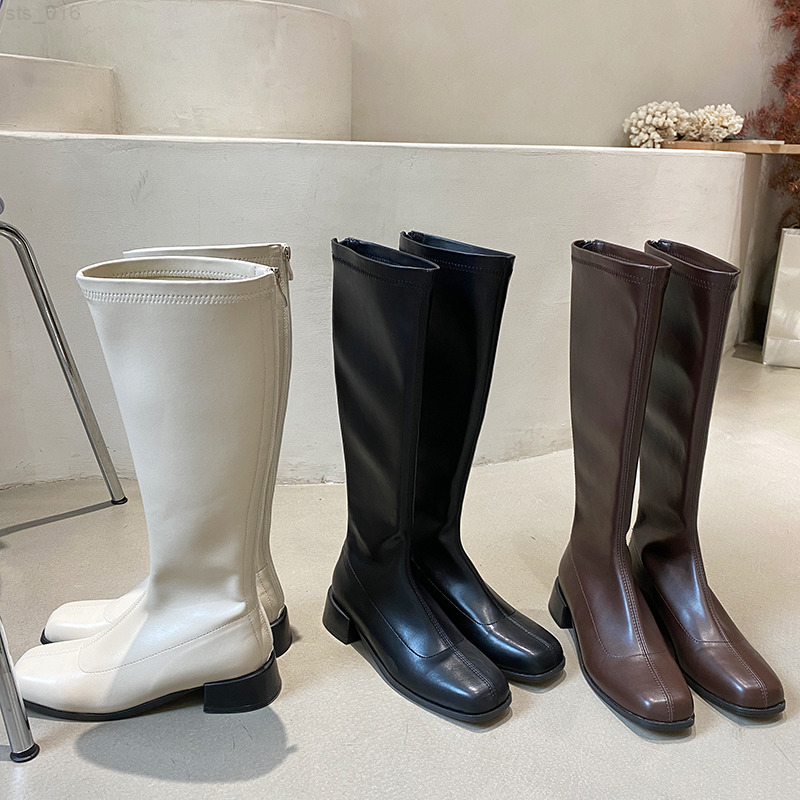 

Round Toe Women Knee High Boots Side Zipper White Black Brown Flat Low Heels Knight Booties Soft Soles High Quality Boots WomanT220718
