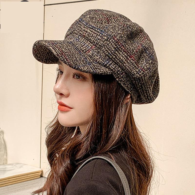 

Berets Sboy Cap Hat Women Winter Autumn Thickened Plaid Woolen Octagonal Hats For Casual Beret Ear Protection Painter CapBerets, Black