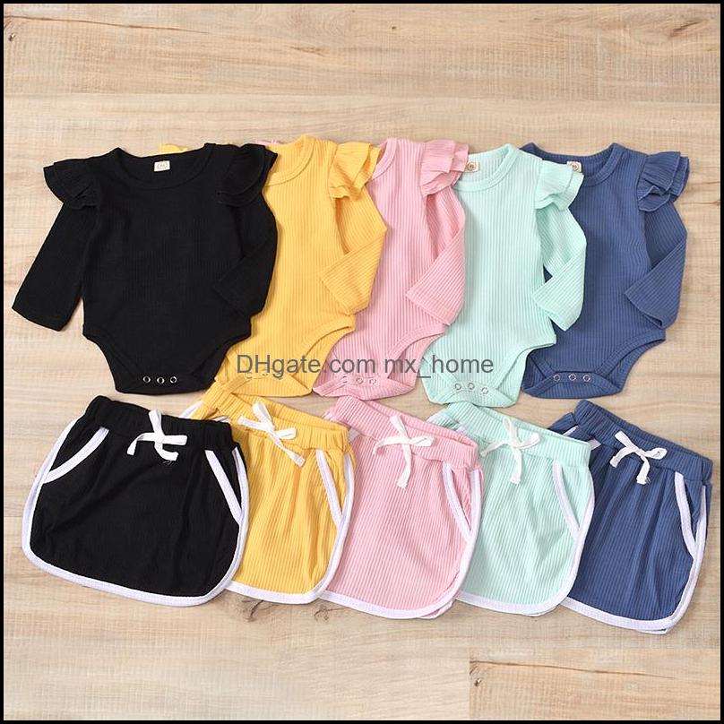 Ensembles de vêtements enfants filles tenues de couleur unie infantile enfant en bas âge manches volantes barboteuse Topsandpit jupes à rayures 2