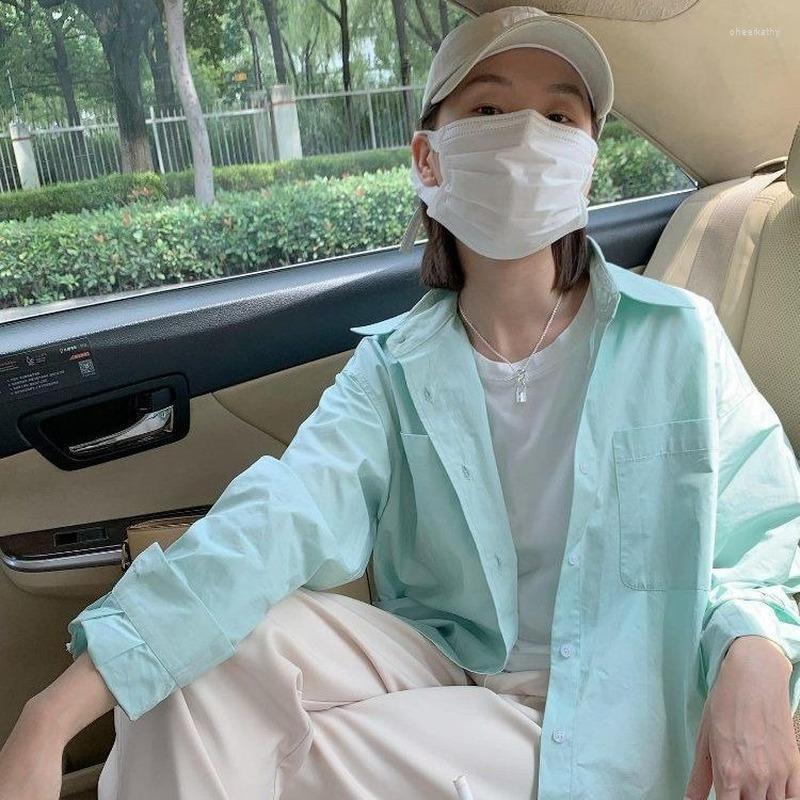 

Women's Blouses & Shirts Long Sleeve Shirt For Women Girl Summer Casual Blouse Button Up Tops Pocket Cargo Clothing Korean Fashion ClothesWo, Sky blue