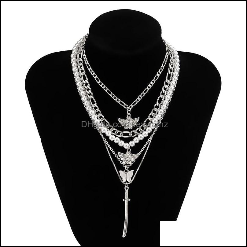 

Pendant Necklaces Pendants Jewelry French Light Luxury 5 Piece Set Of Imitation Pearl Chain Angel Butterfly Sword Mtilayer Necklace Punk P
