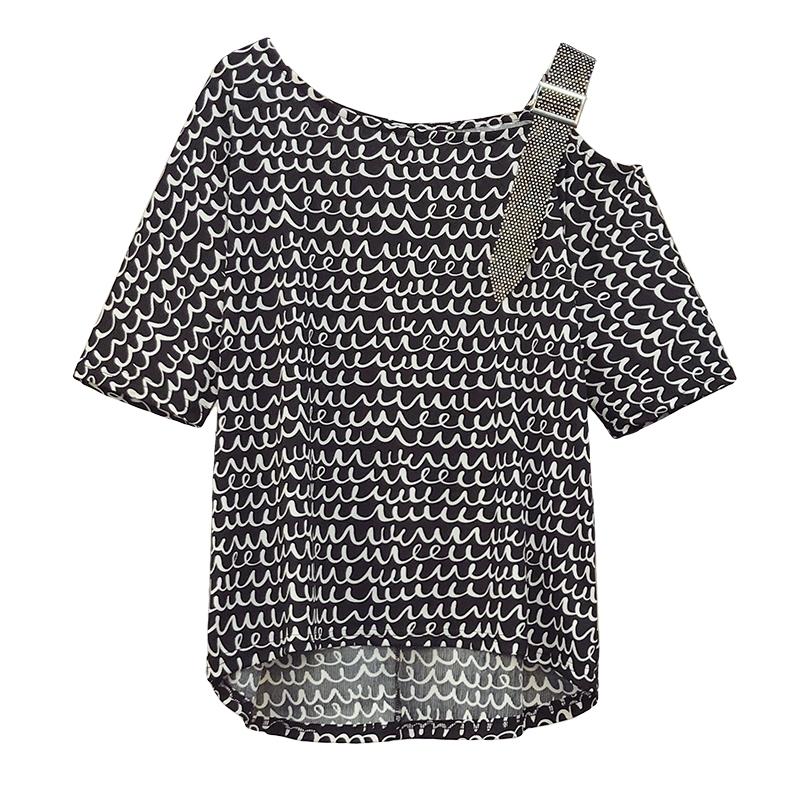 

Women's Plus Size T-Shirt Nkandby Summer Fashion Spaghetti Strap One Shoulder Female T Shirt Wave Striped Loose Short Sleeve Chic Tops, Black