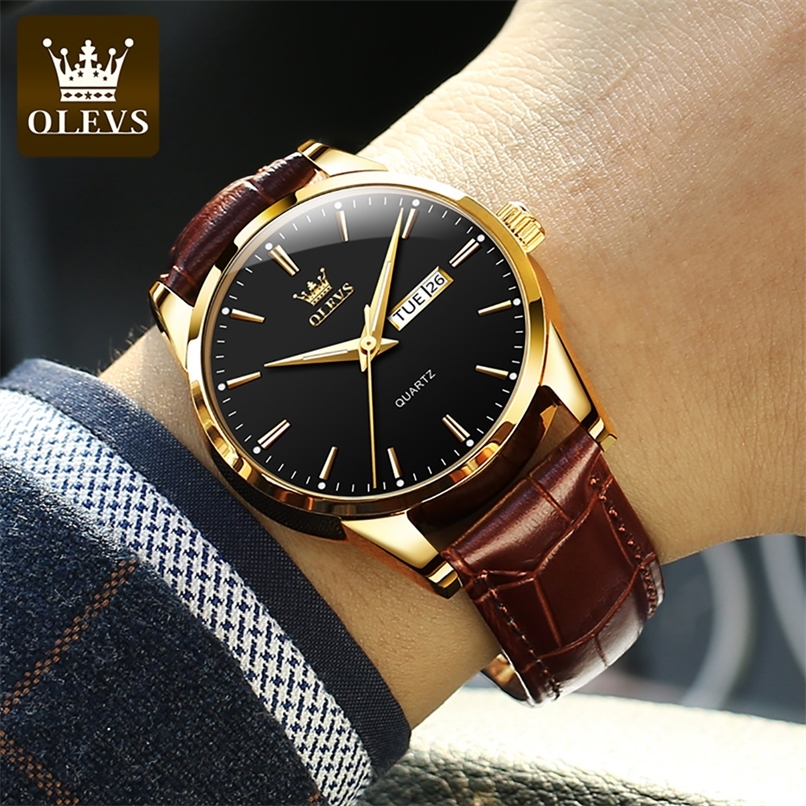 

OLEVS Watch for Men Top Brand Luxury Men Quartz Wristwatches Breathable Leather Strap Waterproof Business Casual Men Watch 220407, Brown white