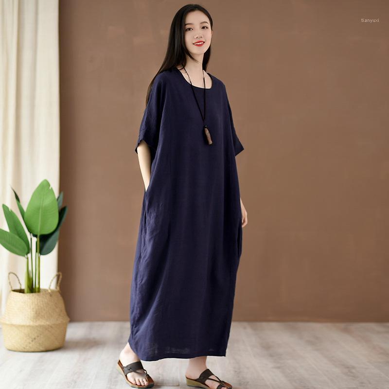 

Casual Dresses Johnature Vintage Loose Summer Dress Solid Color Batwing Sleeve O-neck Maxi Pockets 2022 Clothes Women, Red