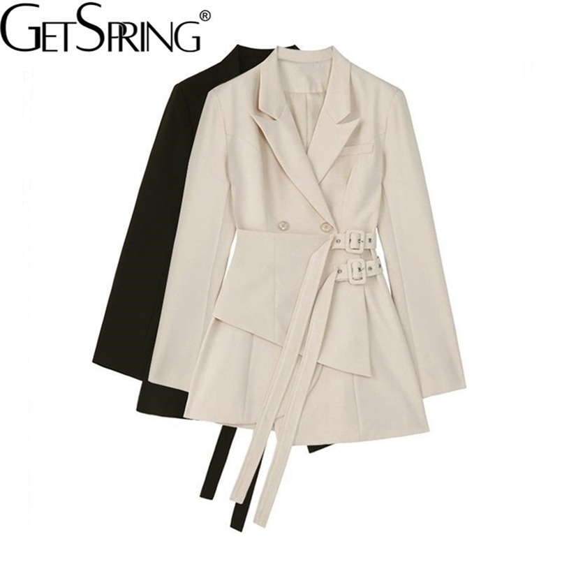 

Getspring Women Blazer Dress long slim Patchwork Asymmetry Vintage Women Coat Jackets Black Apricot Bandage Fashion Outfit 220402