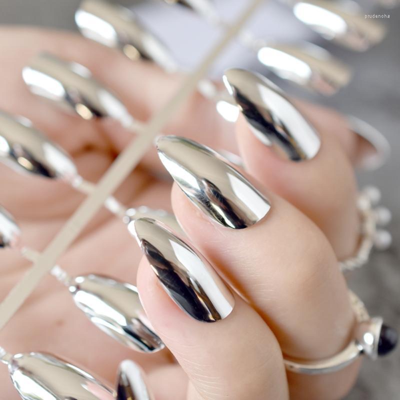 

False Nails Fashion Silver Acrylic Nail Metal Mirror Fake Short Stiletto Full Wrap Tips Salon Product Prud22