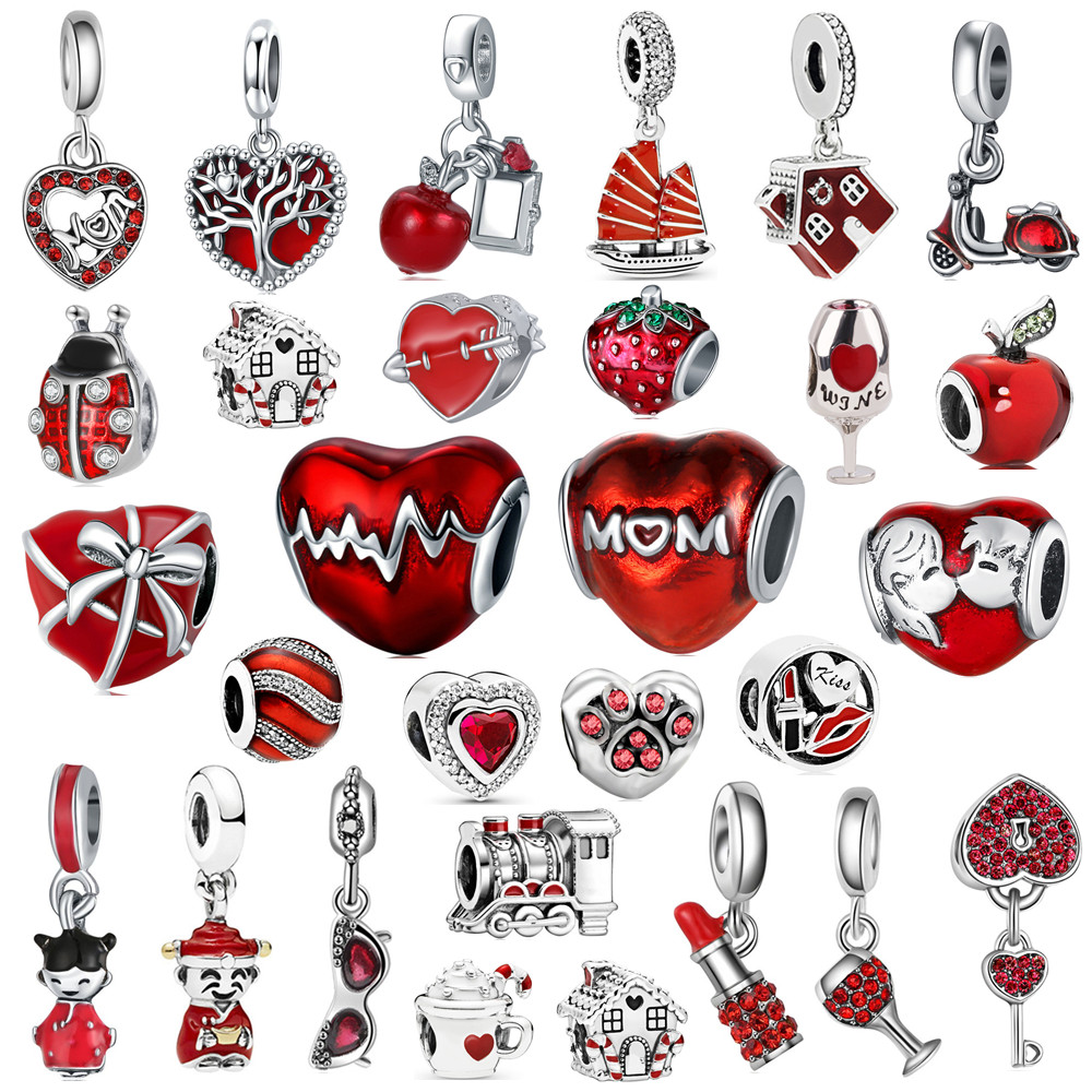 925 Perle de point de point en argent 1PCS Nouveau Cat Red Cat Ladybug Strawberry Heart Pendant Bracelet Perles de charme de charme