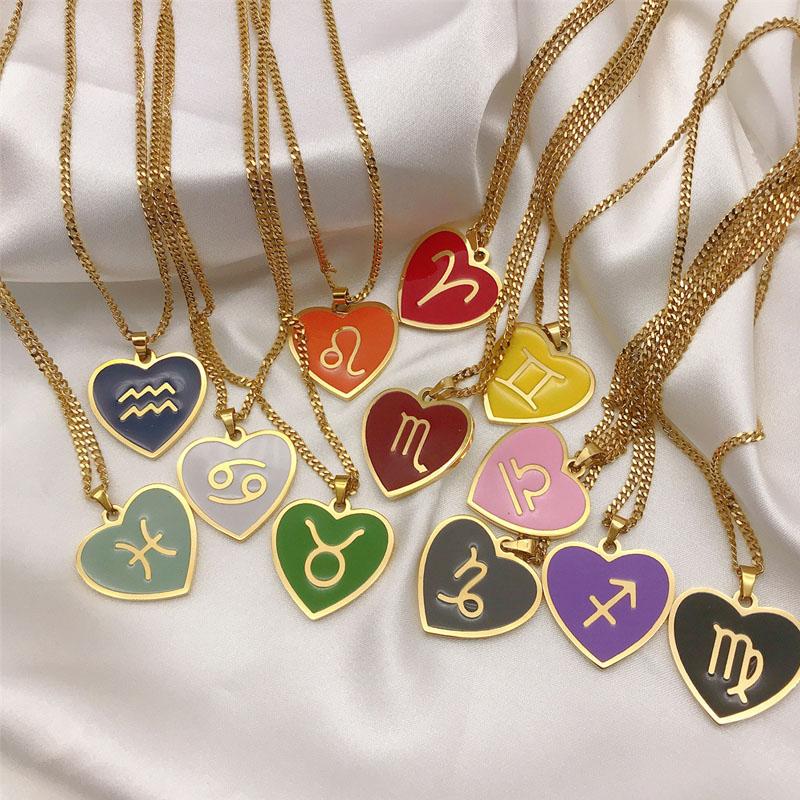 

Pendant Necklaces Heart Enamel Star Zodiac Sign 12 Constellation Trend Charm Gold Chain Choker For Women Birthday Jewelry GiftPendant