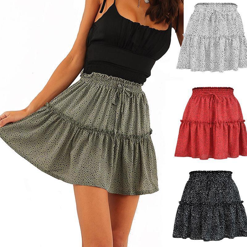 

Skirts Polka Dot Print Casual Slim High Waist Bandage Chiffon Women Mini Summer Harajuku Vintage Sexy Jupe Femme Faldas JK1148, Black