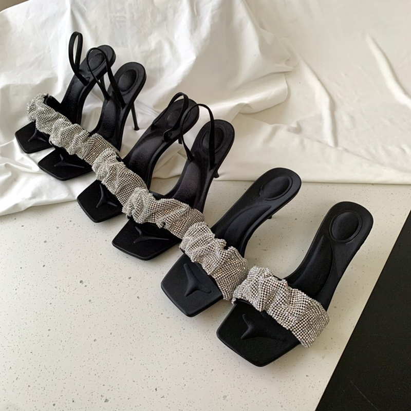 

Top Quality sandal Luxury Designer slippers Fashion soft Flash drill Sequined 10CM heels Genuine Leather sole Women shoe stiletto Back Strap sandals for Womens, Green slipper 4.5cm