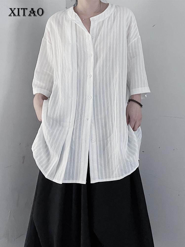 

Women's Blouses & Shirts Solid Single Breasted Shirt Women Korea Summer Arrival Personality Fashion Loose O-neck Full Sleeve WMD6096Women's, White wmd6096