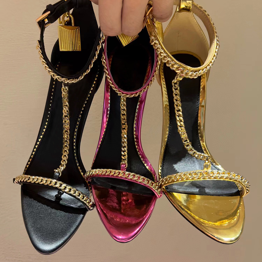 

Mirror leather padlock pointed Chain Ankle-Strap Heeled Sandals 10.5cm open toe metallic heel luxury designers Party Evening shoes, Black