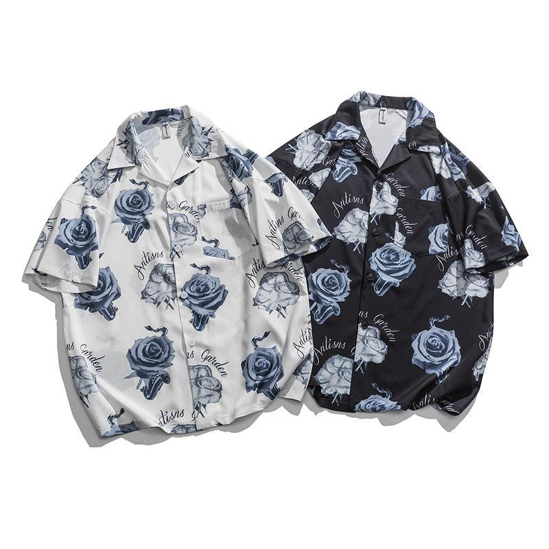 

Men's Casual Shirts Short-sleeved Beach For Men All-match Fashion Rose Printed Tops Thin Trendy Lapel Men's Clothing SummerMen's, Black