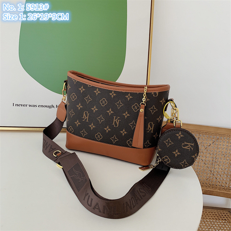

Wholesale women shoulder bags 3 styles of western-style printed bucket bag street color contrast leather handbag personalized fashion mobile phone coin purse, Brown1-5913#