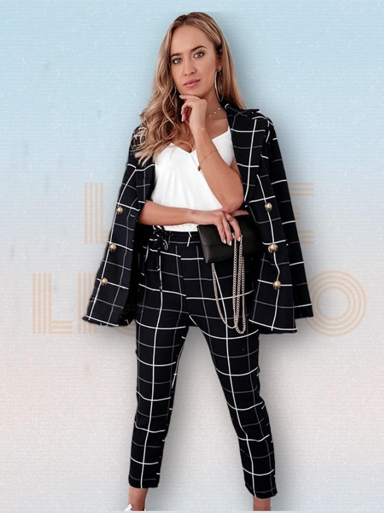 

Women' Two Piece Pants Women Suits Office Lady Apricot Autumn Winter Blazer Elegant Plaid Pocket Sets V-neck Fashion Long Sleeve SetsWomen, Beige