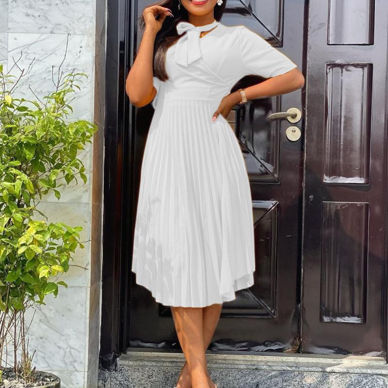 

Work Dresses 2022 designer summer new V-neck lace up solid color waist pleat large women' dress white