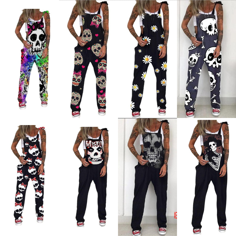 2022 European Style Fashion Gothic Skull Print Jumpsuits Plus Size 5xl Women Spaghetti Strap Trouser Sexy Pocket Design Overalls-image-395989873