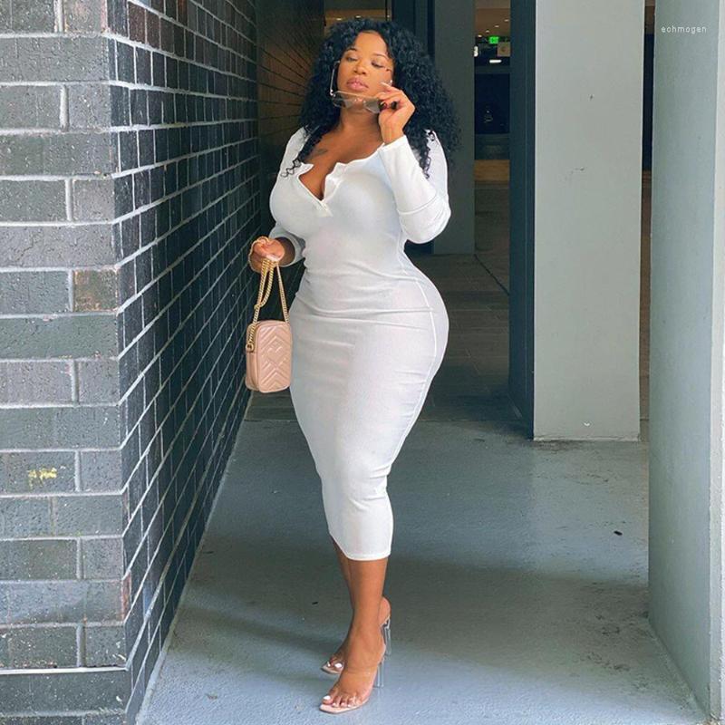 

Plus Size Dresses ZJFZML ZZ Women Clothing 2022 Buttons Up Deep V Neck Long Sleeve Knitted Skinny Dress Drop Wholesale Echm22, Black