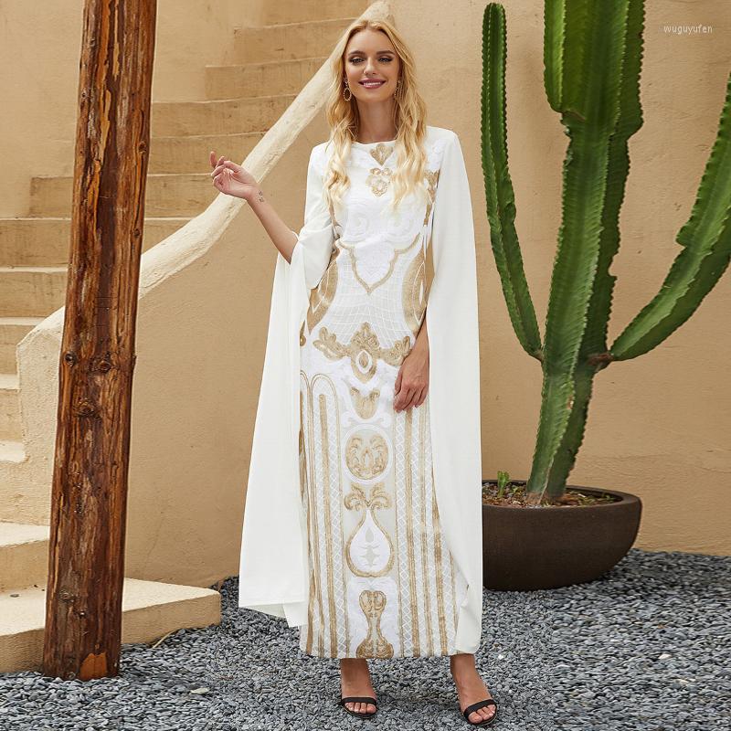 

Casual Dresses Summer Middle East White Long Sleeve Golden Positioning Embroidery Dress 2022 Fashion Round Neck Women' Clothing