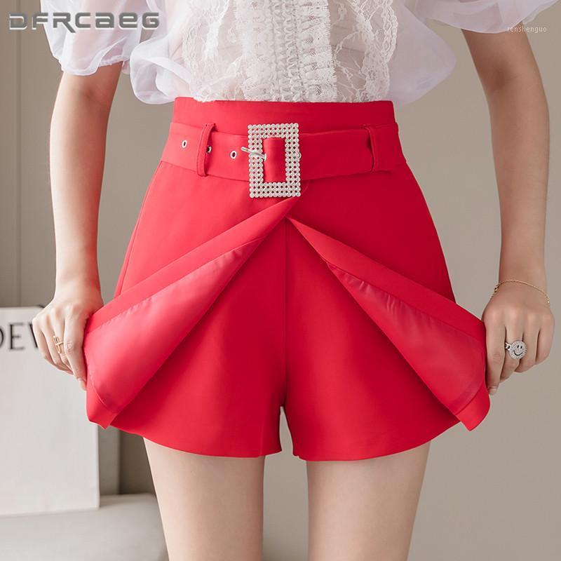 

High Waist Irregular Women Summer Short Skirt With Belt Beading 2022 Casual Work Office Slim Skirts Shorts Female Red, Black