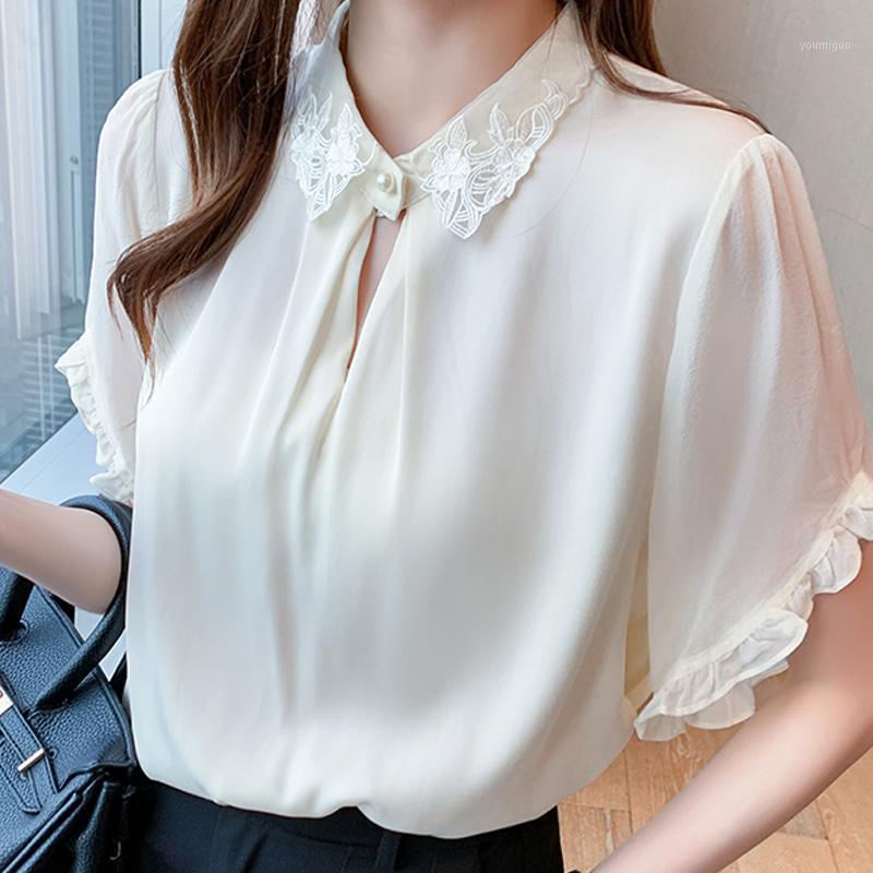 

Women' Blouses & Shirts Summer Blouse Women Short Sleeve Lace Turn Down Collar Chiffon Shirt Tops Blusas Mujer De Moda 2022 Femme E973, As picture