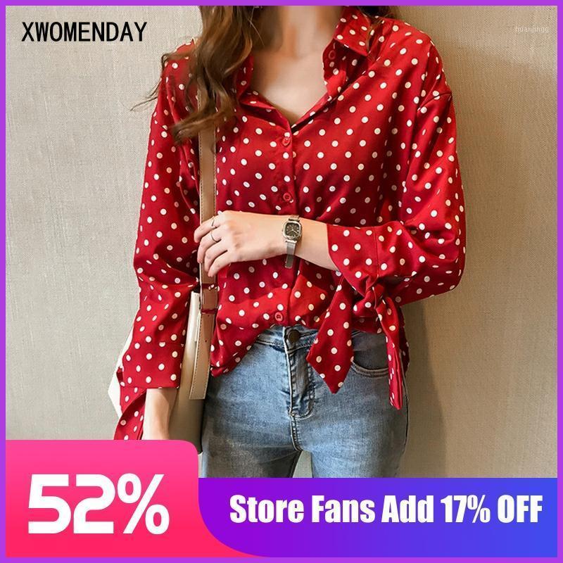

Women's Blouses & Shirts Blouse Plus Size Women Elegant Print Polka Dot White Button Up Casual Chiffon Shirt Cardigan Spring Tops Korean Fas, Blue