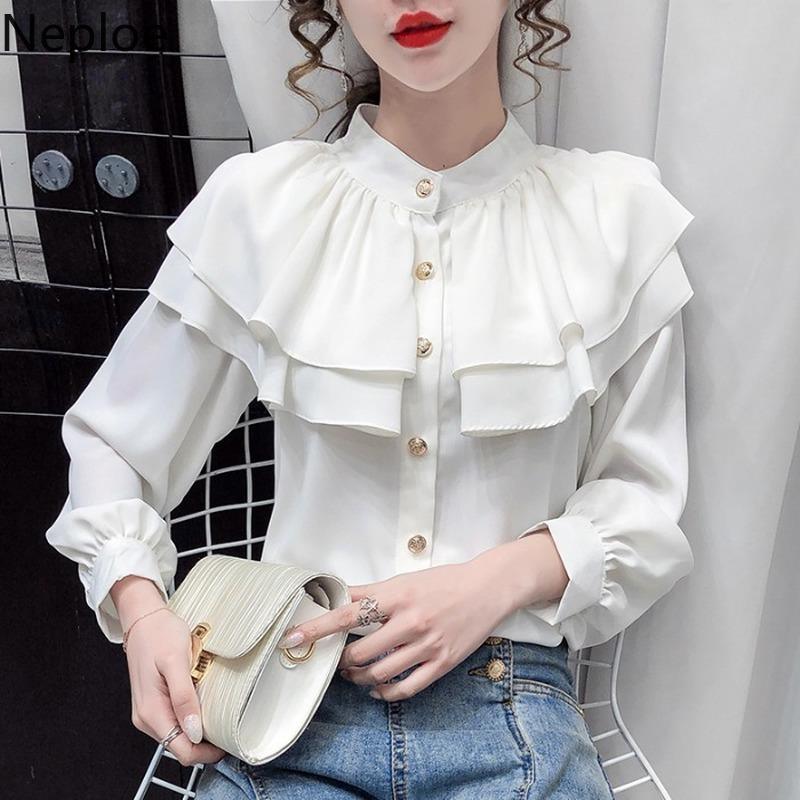 

Women' Blouses & Shirts Neploe Korean Women Fashion Stand Neck Ruffles Shirt Tops Temperament Single-breasted Blouse Office Lady Blusas Muj, Black