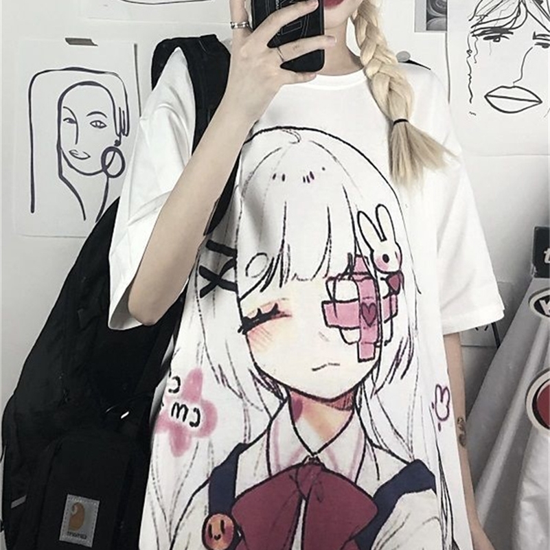 

anime girl image print women tops tshirts Korean style t-shirts summer sweet fashion t shirts preppy couple clothes o-neck tee 220321, Girl white