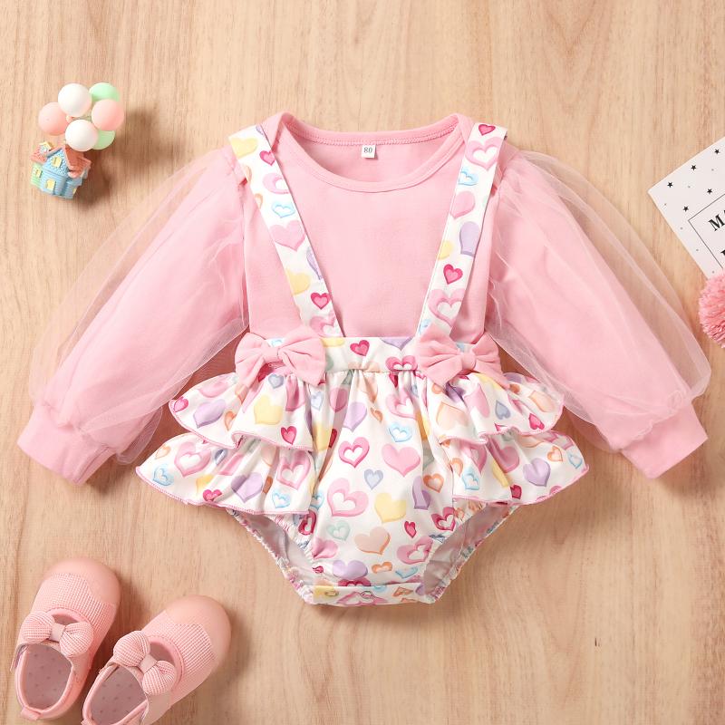 

Clothing Sets Baby Girls Valentine's Outfit 2pcs Mesh Long Sleeve Solid Romper Heart Print Suspender ShortsClothing, As pic