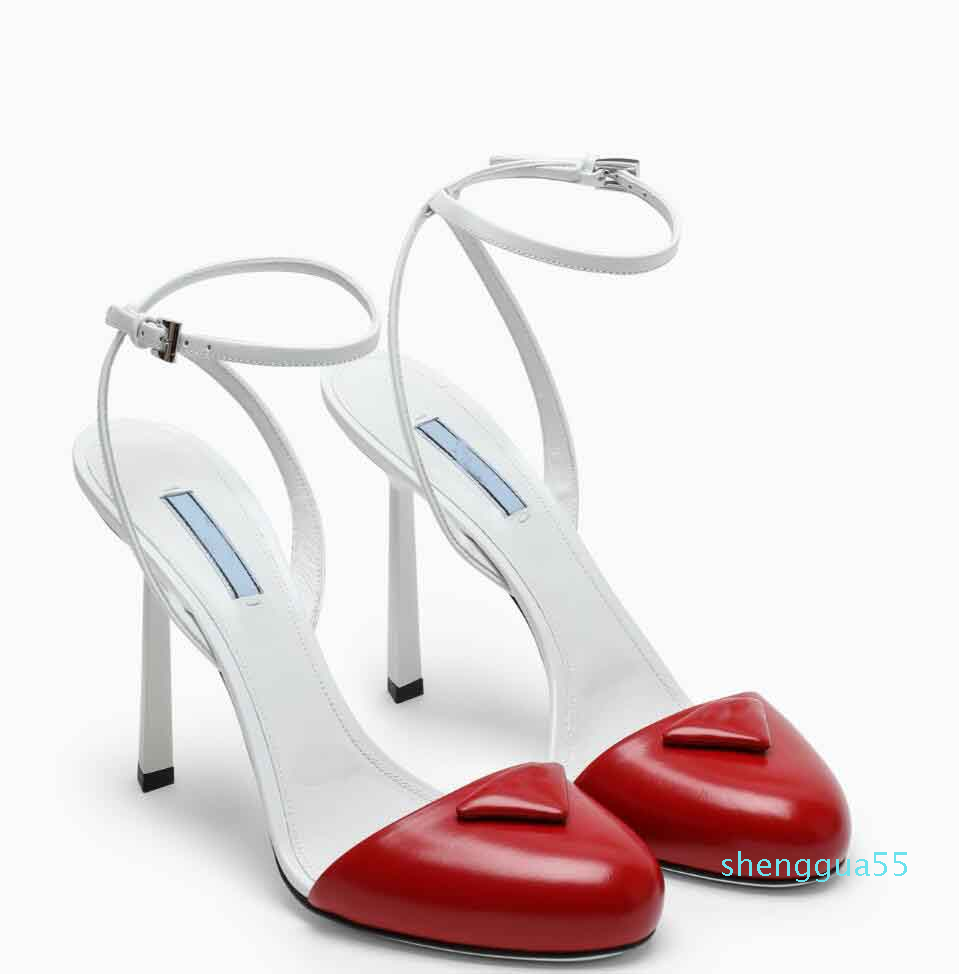

Summer Luxury Triangle Logo Brushed Leather Sandals Shoes Women Slingback Pumps Women High Heels Party Wedding Dress Lady Sexy Sandalias2022