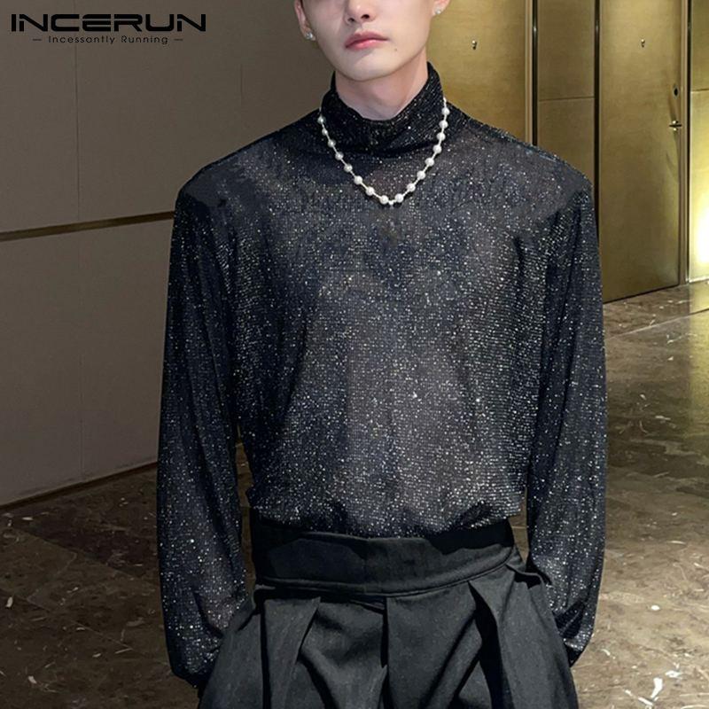 

Men' T-Shirts INCERUN Fashion Men Mesh T Shirt Turtleneck Streetwear Long Sleeve See Through Tee Tops Sequins Sexy Undershirt 2022 Camiseta, Black