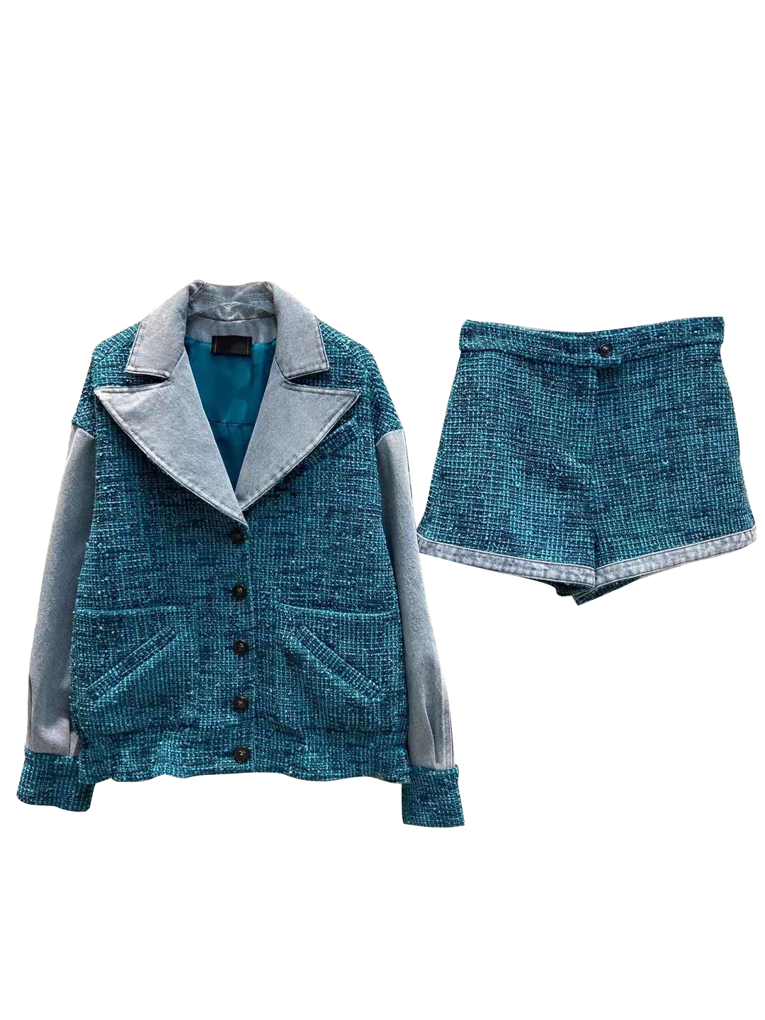 

Womens Two Piece pants sets Knitted and denim spliced coat and shorts luxury Designer Short suit lake blue color elegant fashion street show two-piece women clothes