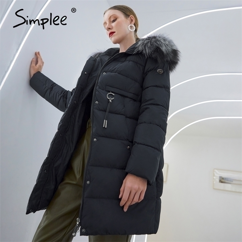 

Warm elegant fur collar women coat jacket Casual design pocket parka Fashion navy female winter windproof jacket 201127, Black