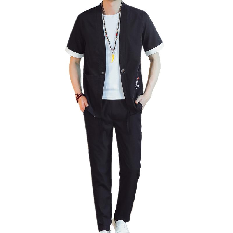 

Men's Tracksuits Chinese Style Black Men Shirt Short Sleeve And Ankle-Length Pants Large Size 5xl Summer Mens Two-piece Set Khaki Gray Green