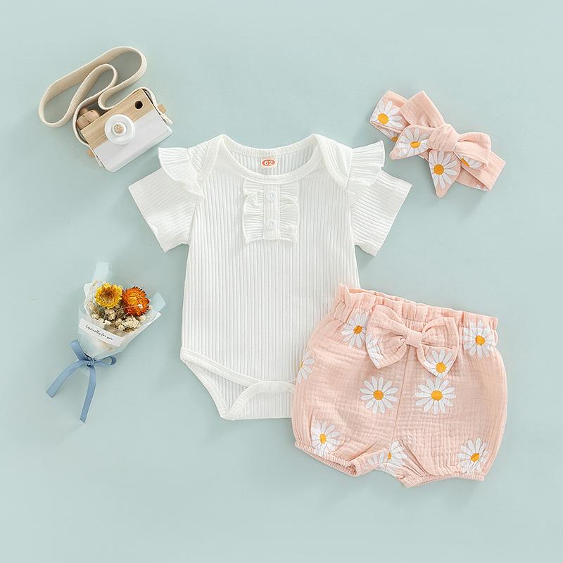 

Clothing Sets 3pcs Infant Baby Girls Cute Clothes Sleeve Ribbed Solid Romper Flowers Shorts Hairband 0-18MClothing ClothingClothing, As pic