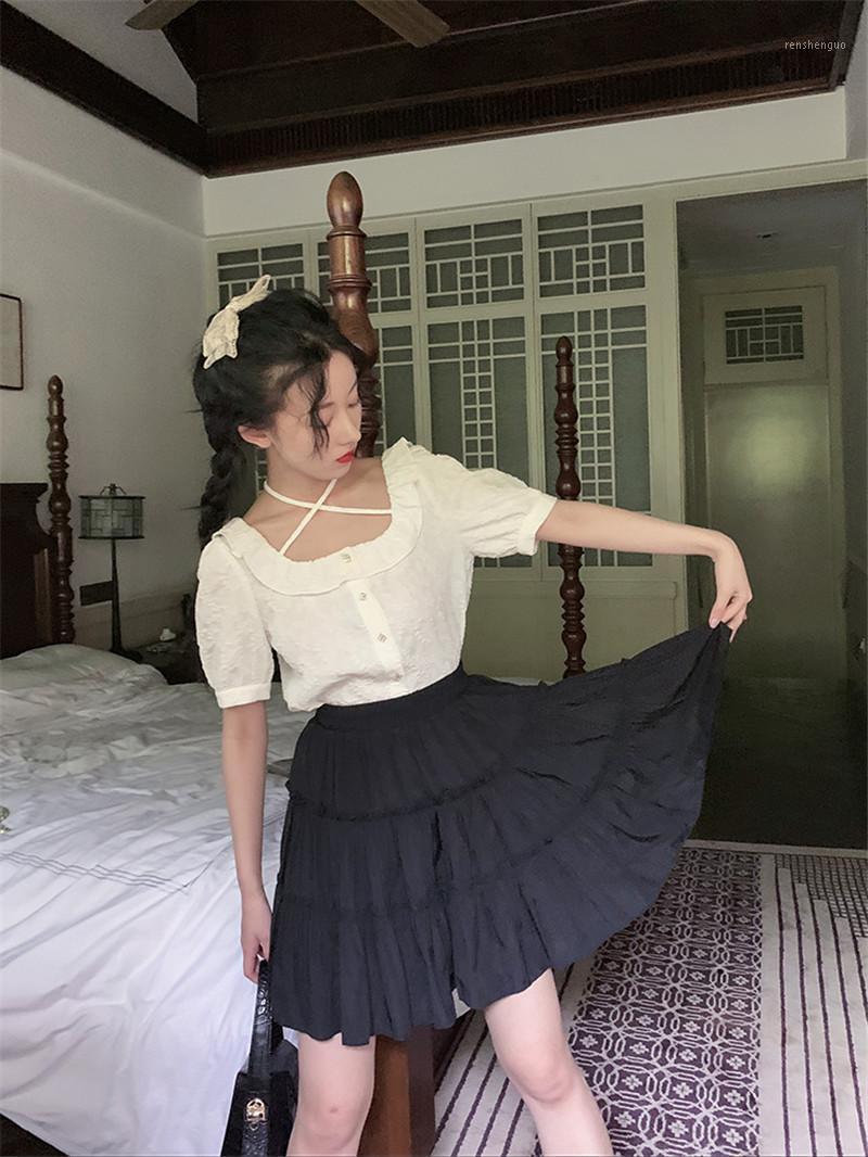 

Literary Holiday Wind Wood Ear Cake Skirt Elastic High Waist Solid Color A-line Summer Skirts, Black